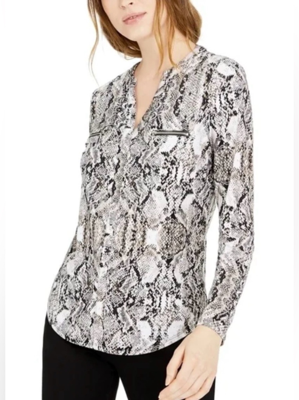 EUC INC Blouse in Black, Tan and White with Snake Print